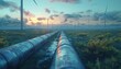 Hydrogen pipeline with wind turbines in the background. by AI generated image