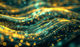 Fototapeta  - A closeup view of yellow and blue lights from broadband abstract pictures showcases flowing fabrics, intertwined networks, and data visualization in dark turquoise and light gold.