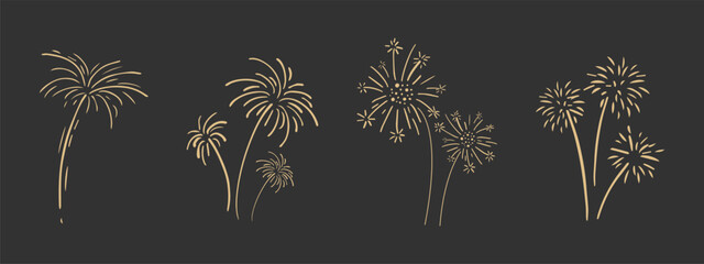 Sticker - Set gold fireworks, firecrackers golden burst, rays festive doodle sparkle lights isolated on dark background.Celebration, Party Icon, Anniversary, New Year Eve, independence