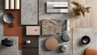 Hyper realistic photo, top down view, product photography, a material moodboard with swatches, color palette has touches of light grey and black but still warm, introduce warm color, 