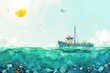 An ocean cleanup boat removing trash, conservation watercolors, eye-level, shimmering sea under the noon sun