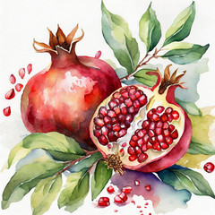 Wall Mural - Watercolor illustration. Composition of two pomegranates with seeds and leaves.