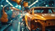 Futuristic Automotive Manufacturing: Robotic Arm Welding Electric Car