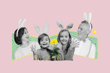 Sticker - Collage picture banner of happy cheerful family celebrate easter day good mood festive event spring isolated on drawing background