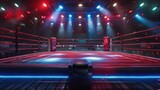Fototapeta Kosmos - Empty modern boxing ring before start of professional boxing match or competition, illuminated by floodlights. Fight arena for boxers game. Sporty stadium for wrestling tournament.