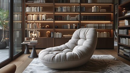 Canvas Print - Modern Home Library with Comfortable Armchair