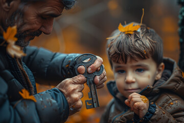 Poster - A father gives his son a key to success, but the key is broken, representing the illusion of opportunity without the means to achieve it. Generative Ai.