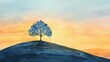 A solitary tree on a hill, symbolizing Earth Day, serene watercolors, low angle, sunset backdrop casting a solitary shadow