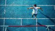 realistic style photo of high angle shot, Cinematic, A man who crosses the track and field hurdles 