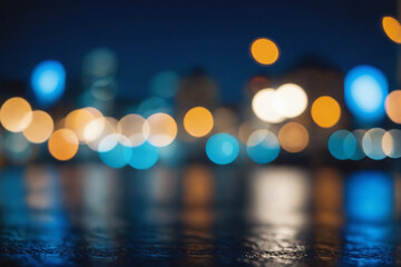 Poster - City blurring lights abstract circular bokeh on blue background