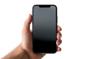 hand holding phone with isolated on white .