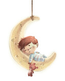 Fototapeta Las - Baby with his teddy bear sleeping on the moon