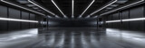 Fototapeta Przestrzenne - Black abstract futuristic tunnel with neon lines , Bright light at the end of the long dark tunnel with lamp tubes lights on walls. 3d illustration.

