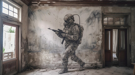 Wall Mural - soldier holding a rifle in abandoned building