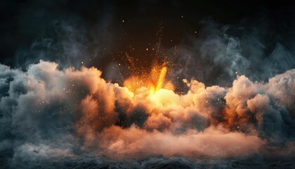 Wall Mural - Explosion with smoke and sparks on isolated dark background. A huge fireball exploded from the ground. Surrounded by dense clouds of ash and dust. by AI generated image