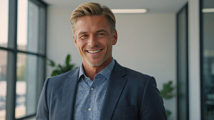 Portrait of a smiling businessman standing in an office.