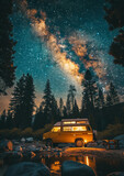 Fototapeta Mapy - Camper van parked at night in national park. Milky way in the night sky. Outdoors. Adventure. Travel. Atmospheric ambient lighting. Van life. Explorers.	