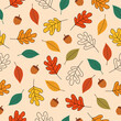 Seamless pattern with autumn Leaves, acorns and oak leaves for wallpaper, gift paper, pattern fills, textile, fall greeting cards.
