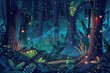 Magical forest scenes with glowing fauna and flora, illustration, Enigmatic nocturnal forest with luminous vegetation and serene atmosphere..