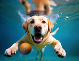 Fototapeta  - Generative AI dog diving in a swimming pool.
