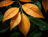 Fototapeta  - Green and orange leaves with beautiful rain or dew drops