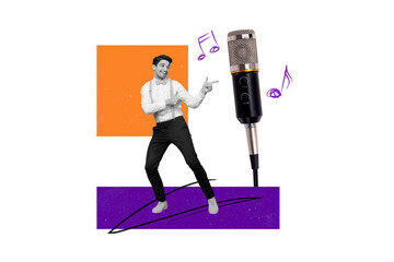 Canvas Print - Creative photo collage young funky man showing gesture finger microphone karaoke bar singer microphone audio music entertainment party