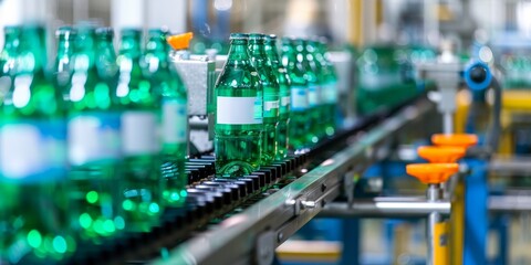 Wall Mural - Bottles of green soda are being made on a conveyor belt