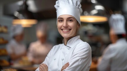 a happy smiling female chef in the background of the restaurant kitchen. bakery, pastry shop, cafe, 