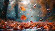 orange Autumn Leaves falling on ground, blue background