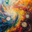 A conceptual oil painting exploring the theme of time with clocks melting amidst vivid