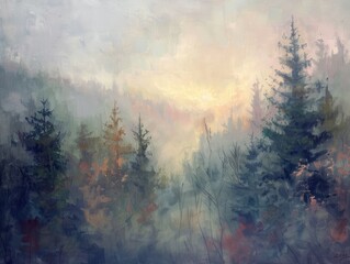  An atmospheric oil painting of a foggy forest at dawn with subtle color gradients and soft light