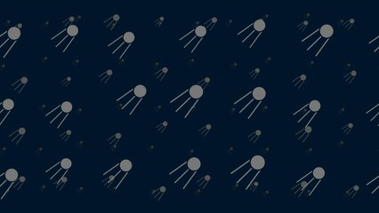 Poster - Satellite symbols float horizontally from left to right. Parallax fly effect. Floating symbols are located randomly. Seamless looped 4k animation on dark blue background
