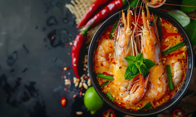 Prawns in spicy soup on hot pot, closeup view