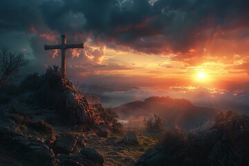 Wall Mural - A religious blog header capturing the dawn of Easter at Golgotha