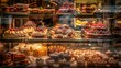 Sweet pastries with berries. Showcase in a candy store. Glass stand with cake eclairs and tartlets. refrigerator shelves with sweets. Confectioner's work space.