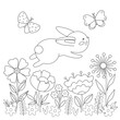 Cute rabbit among flowers and butterflies. Cartoon rabbit jumping in nature. Simple childish coloring book. Kids vector illustration