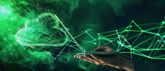 Poster - Hand holding laptop with abstract connection cloud computing data transfer