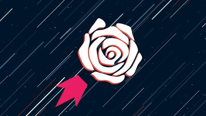 Poster - Rose flies through the universe on a jet propulsion. The symbol in the center is shaking due to high speed. Seamless looped 4k animation on dark blue background with stars