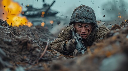 A soldier with a machine gun in a trench in a combat position during a combat mission