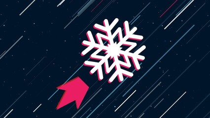 Poster - Snowflake symbol flies through the universe on a jet propulsion. The symbol in the center is shaking due to high speed. Seamless looped 4k animation on dark blue background with stars