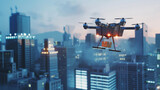 Fototapeta Londyn - A delivery drone flies over a city landscape, delivering a package to a customer's doorstep