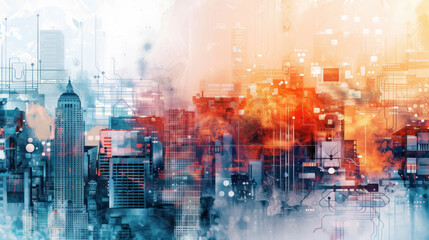 Poster - Smart grid technology in city, intricate watercolor patterns