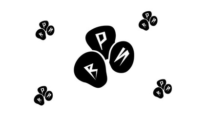 Poster - Zoom in and out animation the divination stones symbol. Large black symbol in the center and four small symbols around. Seamless looped 4k animation on white background