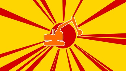 Poster - Excavator symbol on the background of animation from moving rays of the sun. Large orange symbol increases slightly. Seamless looped 4k animation on yellow background