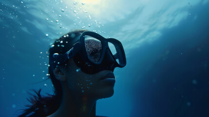 Wall Mural - Female diver in the underwater sea