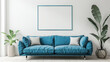 Minimalist interior design of a modern living room with a blue sofa and empty frame on a white wall mockup