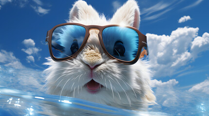 Wall Mural - rabbit in glasses who jumped from a parachute, go pro