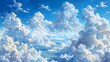   A painting of a blue sky with white clouds and a bright blue sky with white clouds