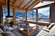 © chartchai - Elegant wooden chalet with fireplace Modern living room interior design with mountain view by AI generated image