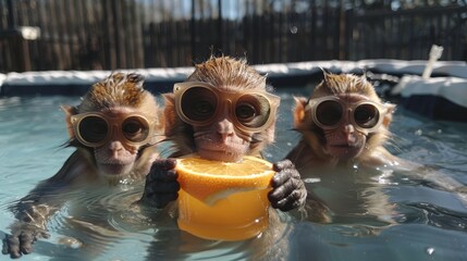 Sticker -   Three monkeys swim with goggles on, holding an orange slice in one hand each